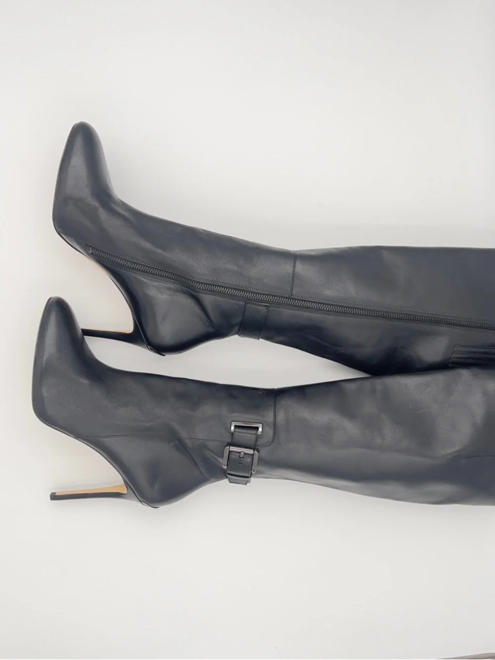 Michael Kors Black Leather‎ Over-the-Knee Stiletto Boots with Buckle
